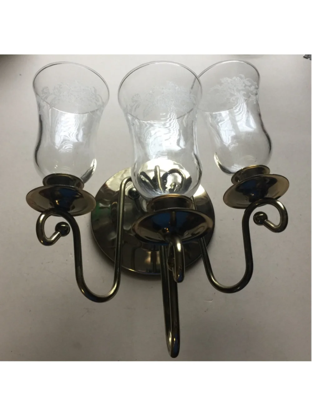 Vtg Pair Brass plate Wall Sconce Candle Holders W/Etched Glass Globes